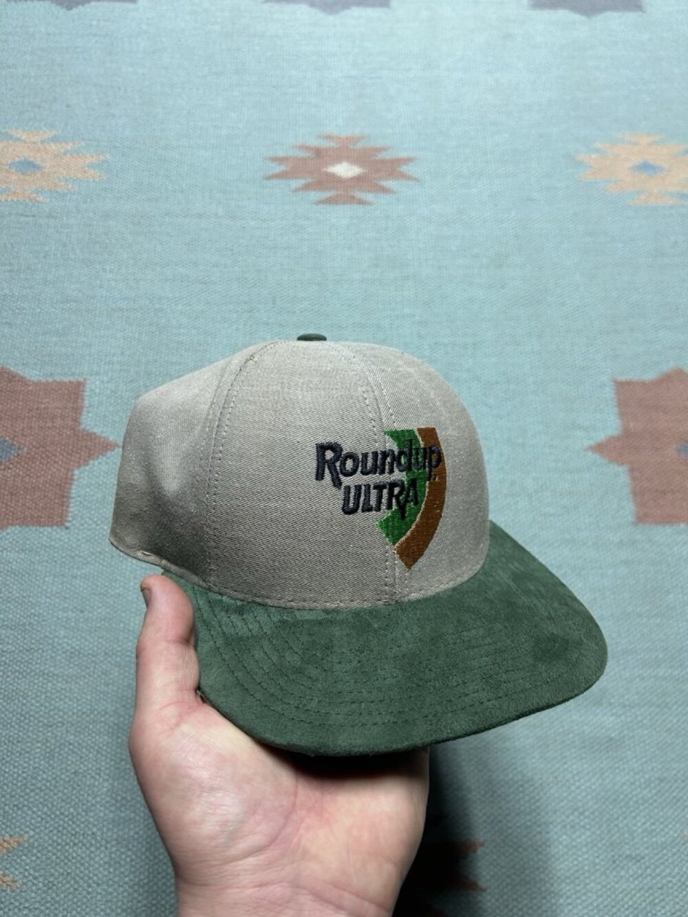 Vintage StrapBack hat cap round up ultra farm feed tan green USA adjustable
